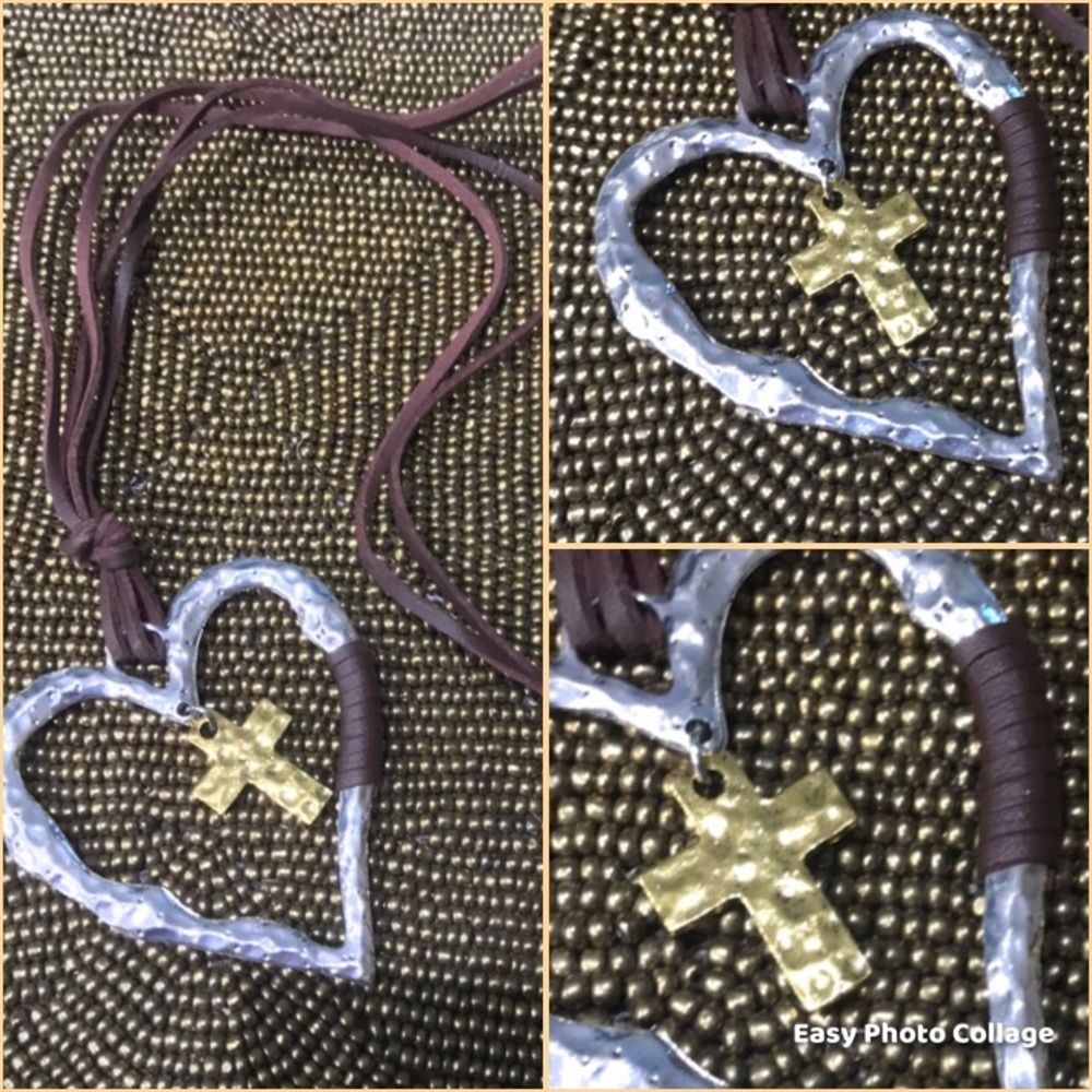 NWT Faithful 30 inch 2 toned metal and leather adjustable necklace